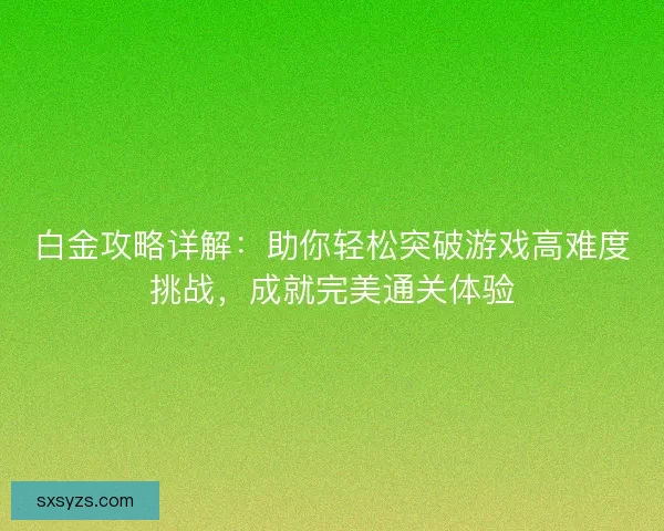 白金攻略详解：助你轻松突破游戏高难度挑战，成就完美通关体验